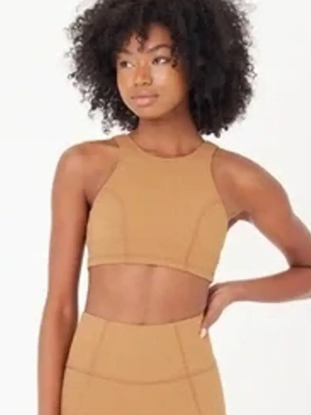 GIGI C Devon cropped top bra textured camel tan active yoga tank stretch new XL